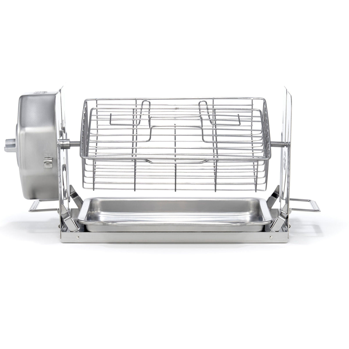 ROTO-Q 360 non-electric rotisserie with Rotisserie Cage (Flat) attachment and drip tray on a white background.