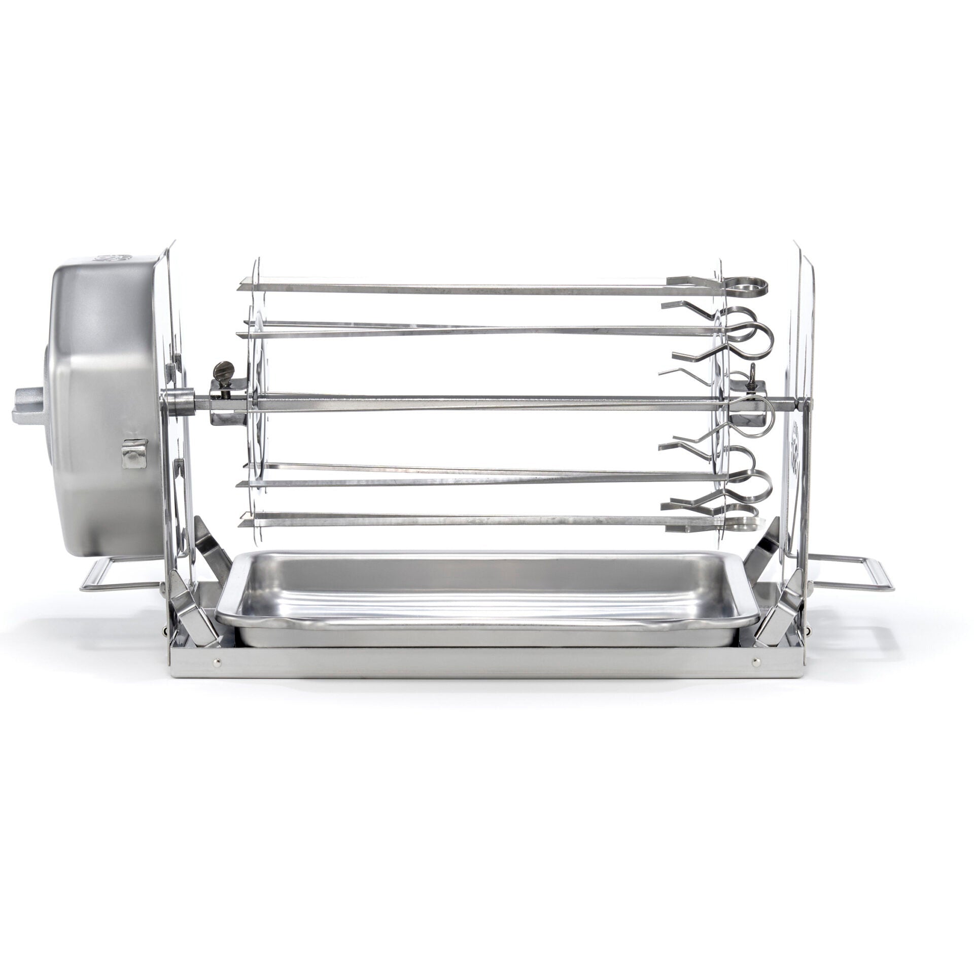 ROTO-Q 360 non-electric rotisserie with Skewer Set attachment and drip tray on a white background.