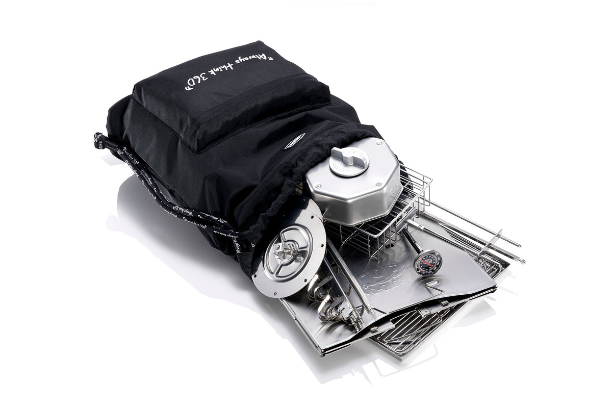 A black ROTO-Q 360 drawstring backpack on a white background
