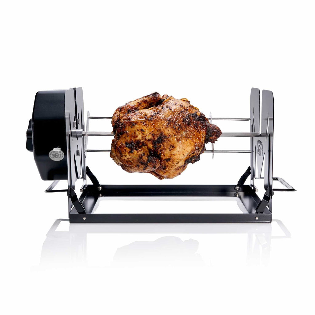 Roto-Q 360 basic set rotisserie in black with a roasted chicken, wind up rotisserie in black with a roasted chicken