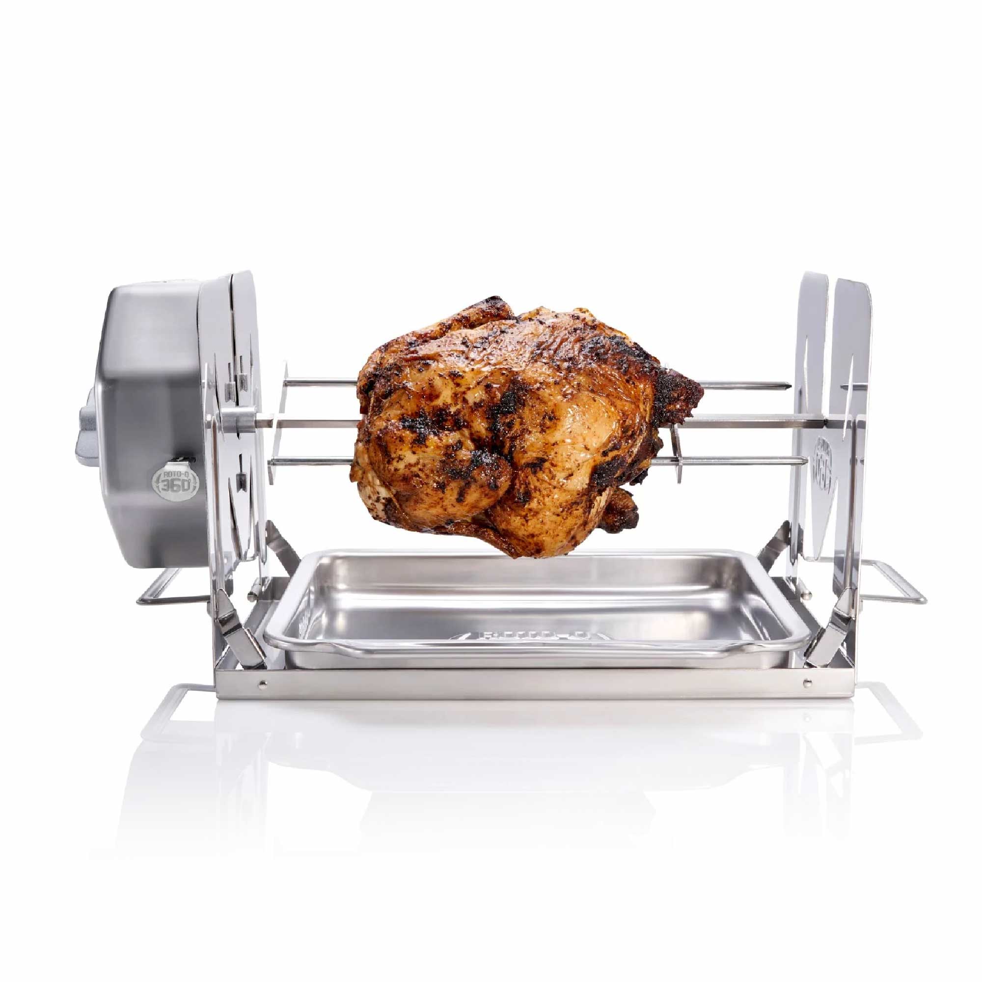 Roto-Q 360 basic set rotisserie in stainless steel with a roasted chicken, wind up rotisserie in stainless steel with a roasted chicken