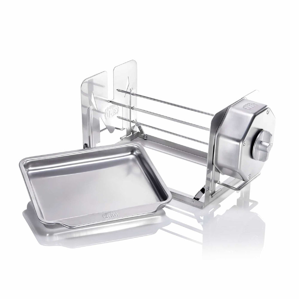 Roto-Q 360 basic set rotisserie in stainless steel, wind up rotisserie in stainless steel.