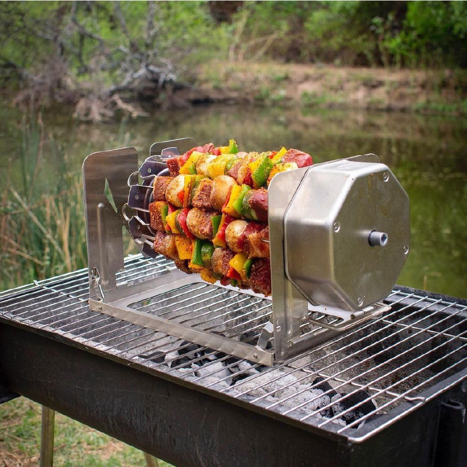 ROTO-Q 360 Skewer Set loaded with meat and vegetable kabobs on an outdoor grill.
