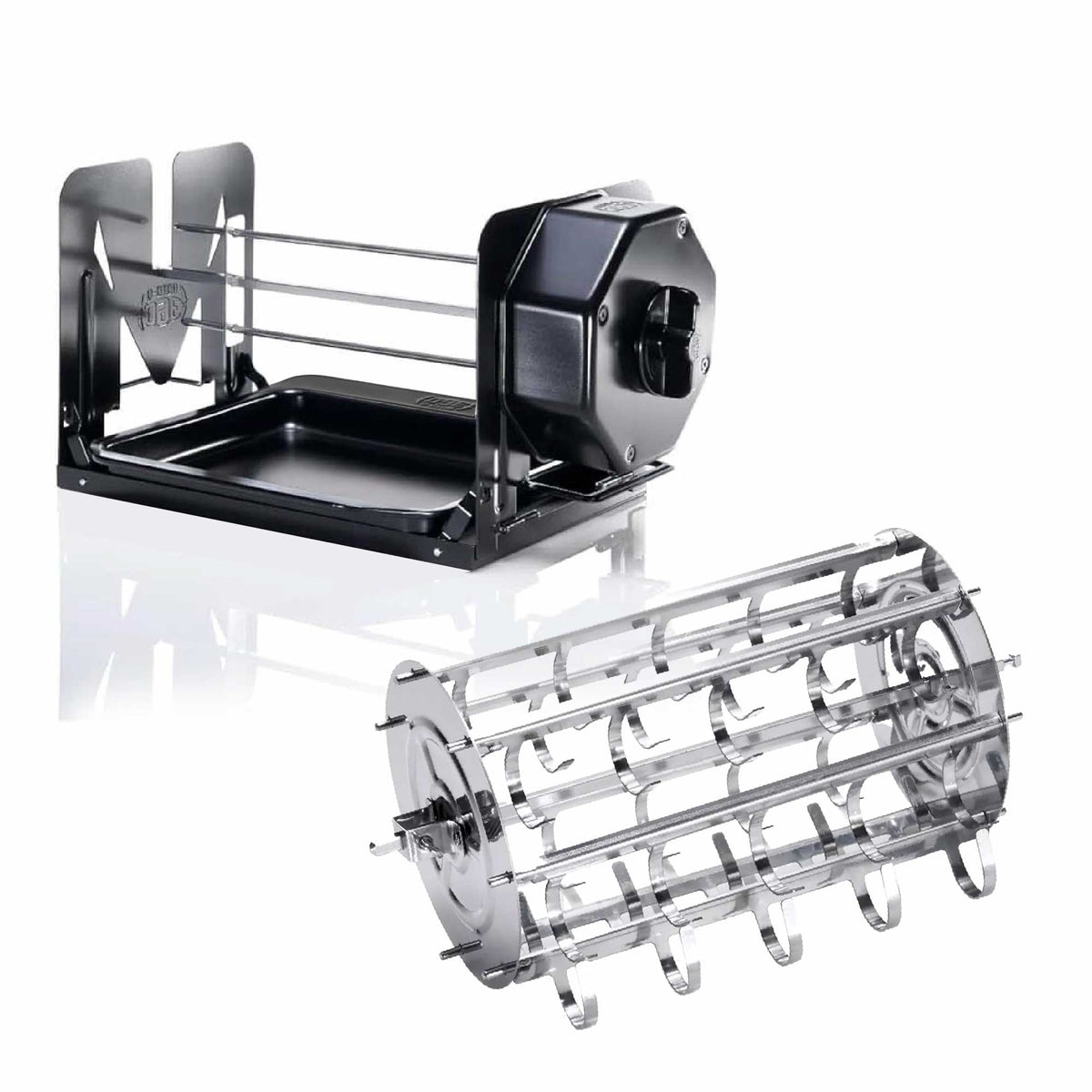 Black ROTO-Q 360 H bundle with basic unit and a hot dog rotisserie cradle