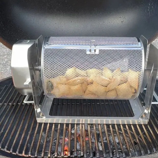 Pizza rolls cooking in a round ROTO-Q 360 Rotisserie Basket XL on a grill