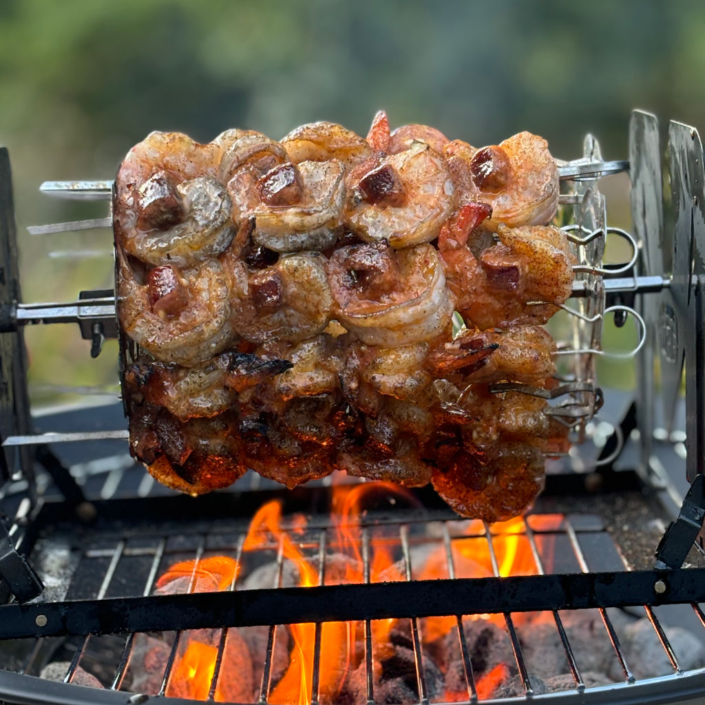 Shrimp grilling on a ROTO-Q 360 skewer set over flames
