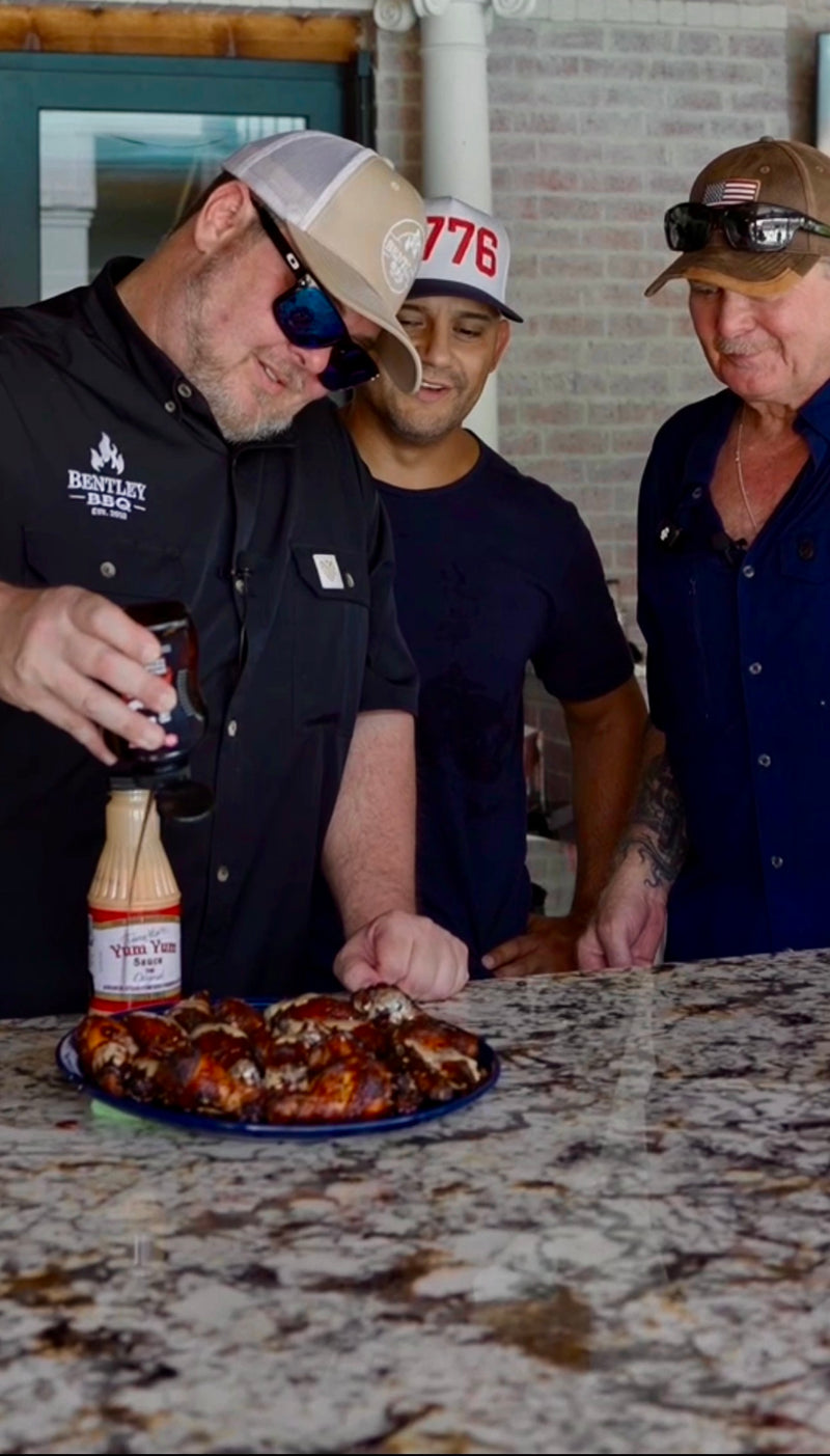 Step 7 — Add the Toppings: Drizzle the wings with Yum Yum Sauce and S
