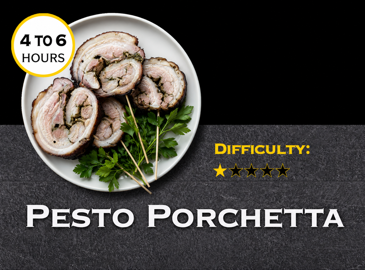 Pesto Porchetta on a plate with garnishes, difficulty rating, and preparation time displayed.