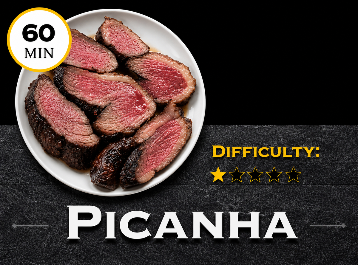 Sliced beef on a plate with cooking time, difficulty rating, and 'Picanha' text on a black background.