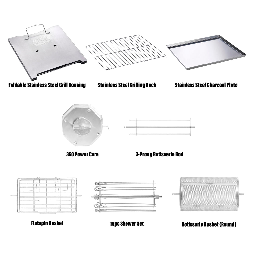 Labeled stainless steel components and accessories of the ROTO-Q 360™ Foldable Grill Bundle
