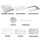Labeled stainless steel components and accessories of the ROTO-Q 360™ Foldable Grill Bundle