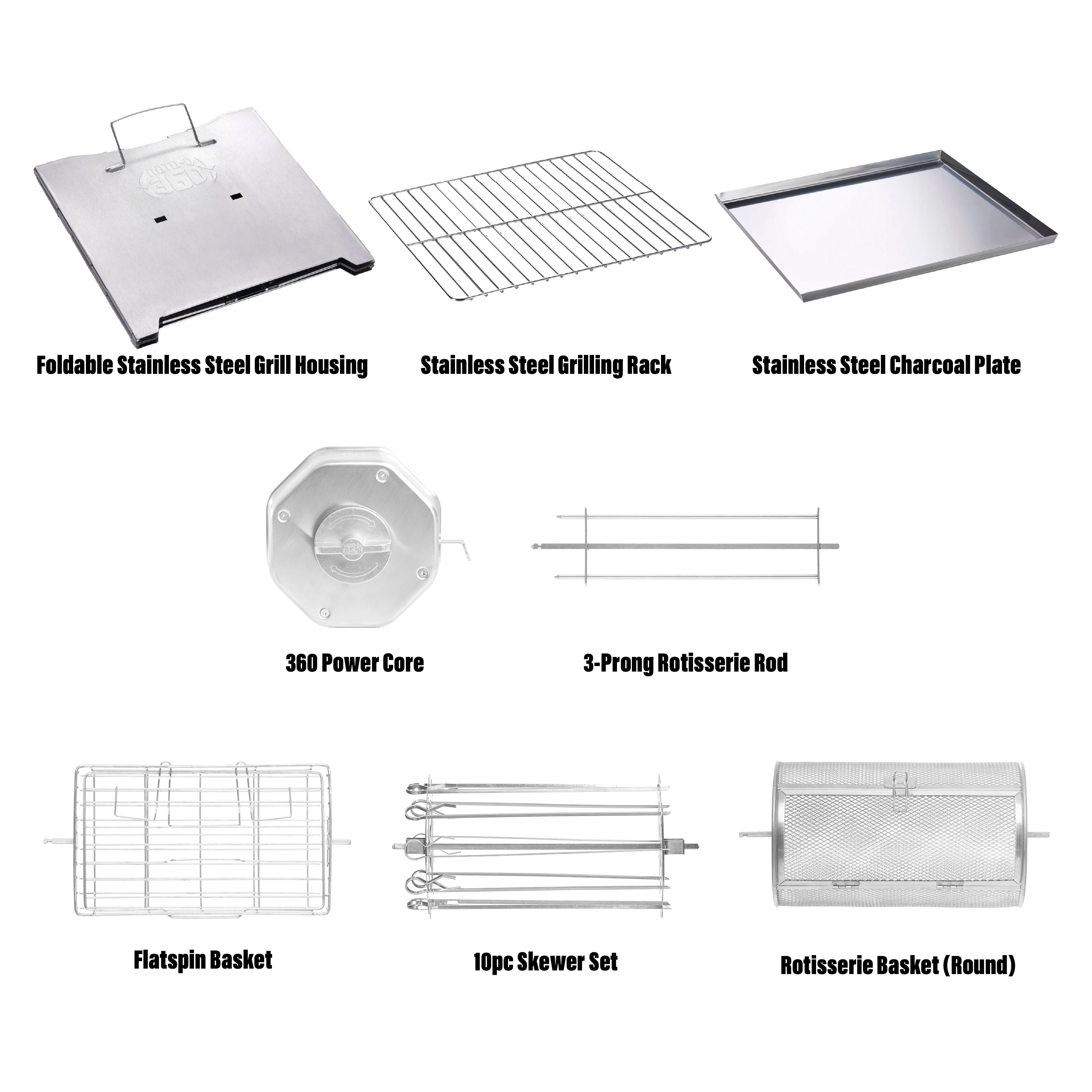 Labeled stainless steel components and accessories of the ROTO-Q 360™ Foldable Grill Bundle
