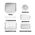A product kit layout on a white background showing multiple stainless steel components with labels: Drip Tray, 3-Prong Rotisserie Rod, 360 Power Core, 10pcs Skewer Set, Collapsible Roto-Q Frame, and Rotisserie Basket (Round).
