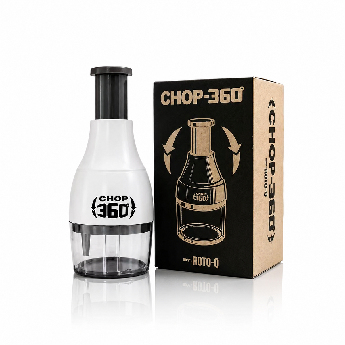 A white and clear ROTO-Q CHOP-360 rotary chopstick cutter next to its black and beige retail box, displayed on a clean white background with a subtle reflection.
