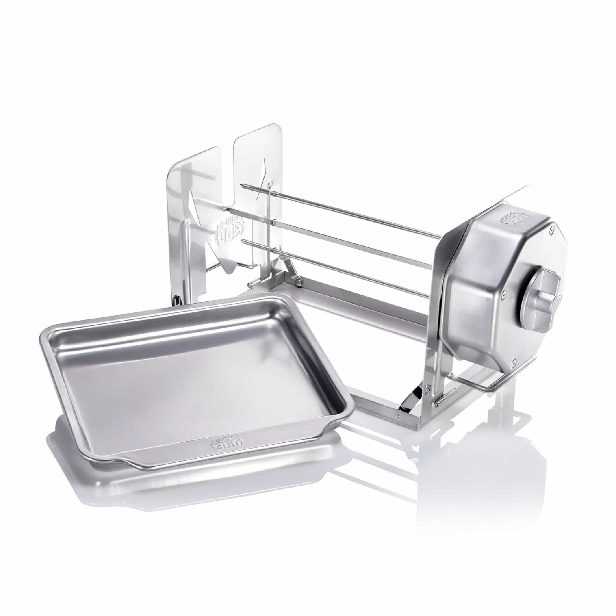 Stainless steel ROTO-Q 360 rotisserie unit with a drip tray