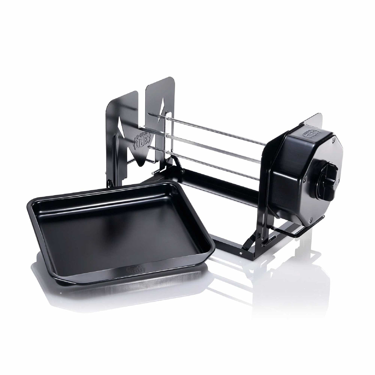 Stainless steel ROTO-Q 360 rotisserie unit with a drip tray in black