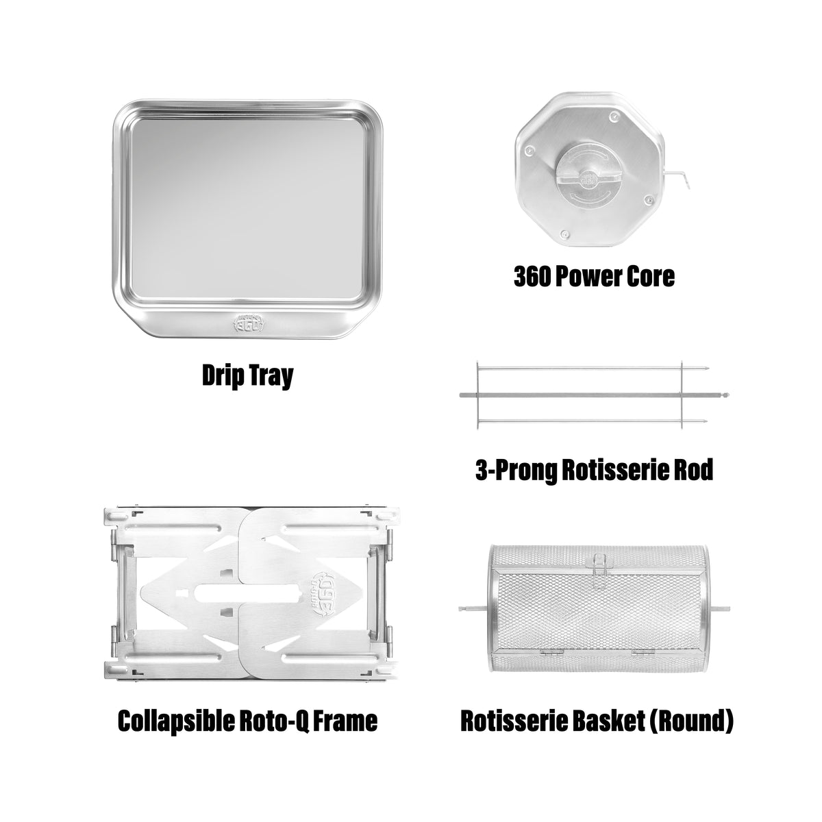 Labeled stainless steel components of the ROTO-Q 360™ R bundle.