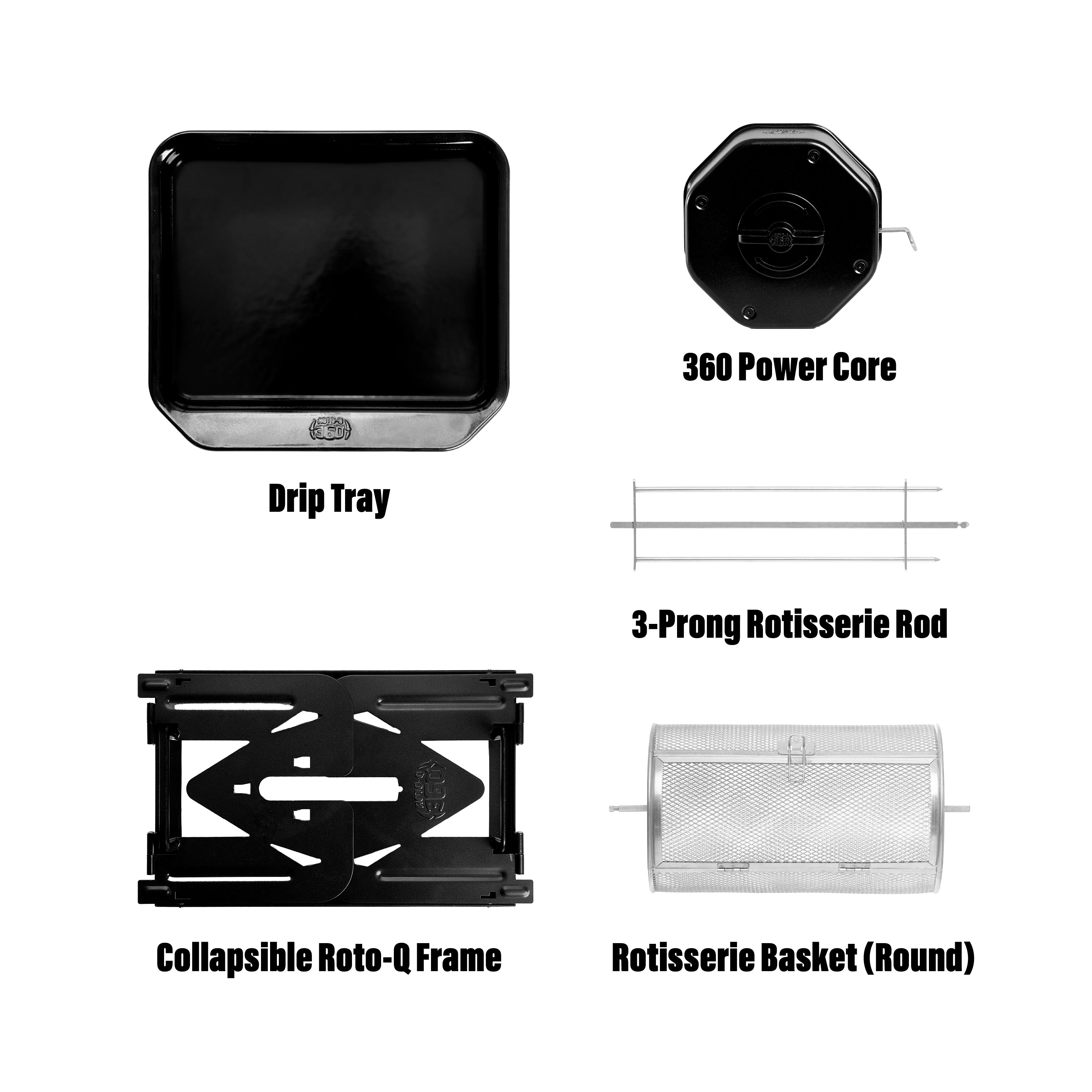 Labeled black and stainless steel components of the ROTO-Q 360™ R bundle.
