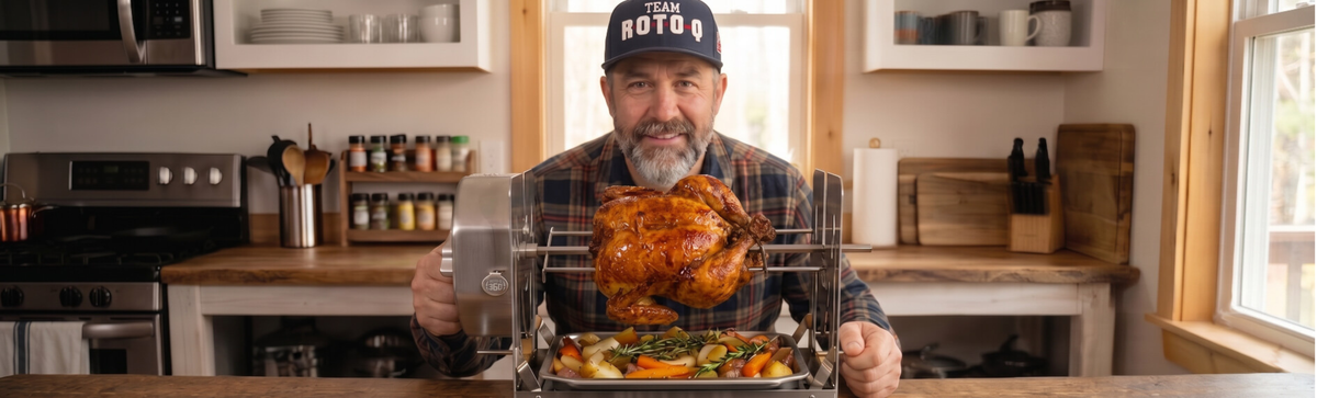 Roto-Q 360 rotisserie with whole roasted chicken held by Team RotoQ chef in kitchen