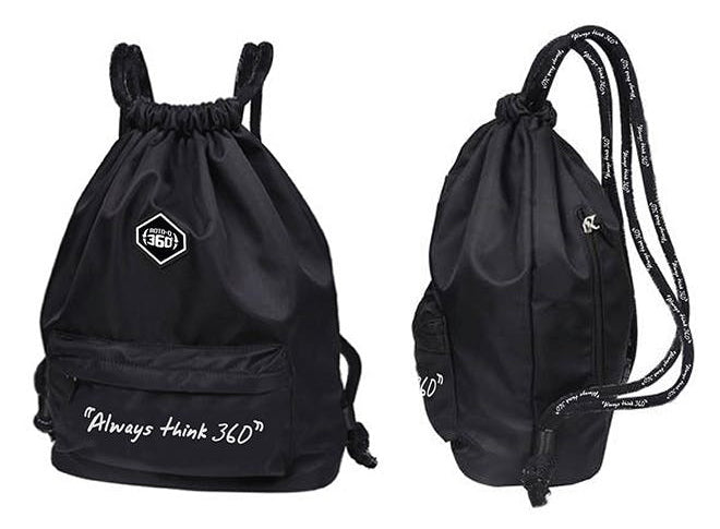 ROTO-Q 360 Travel Drawstring Bag With Pockets shown from the front and side.