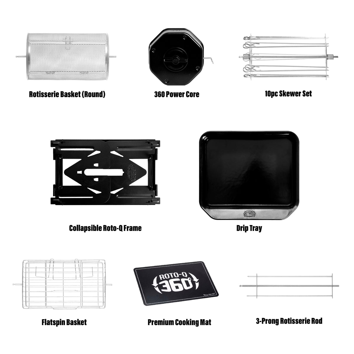 Labeled black and stainless steel components of the ROTO-Q 360 Family-Q Bundle.