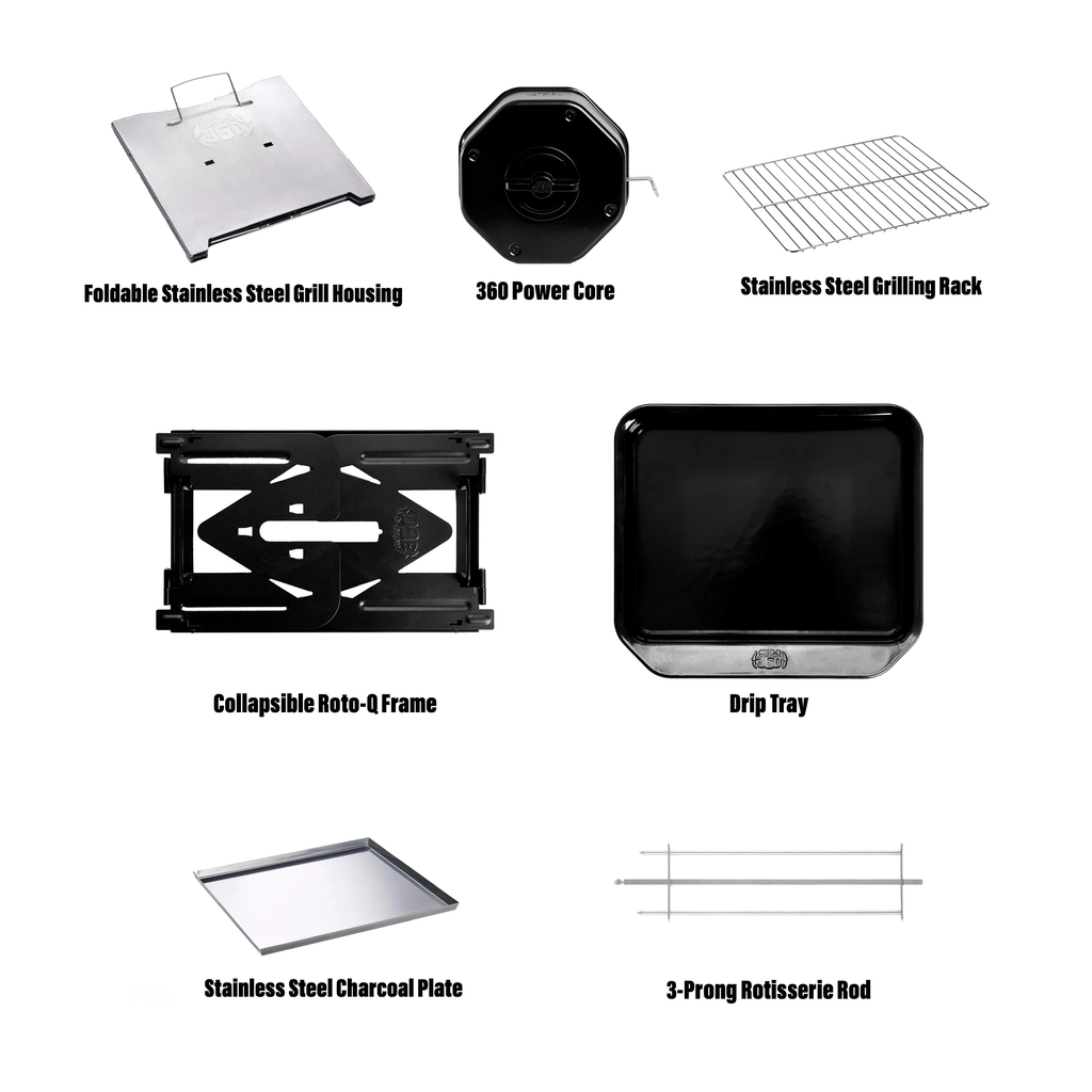 Labeled components of the ROTO-Q 360™ Basic Set + Foldable Grill bundle