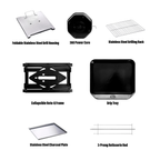 Labeled components of the ROTO-Q 360™ Basic Set + Foldable Grill bundle