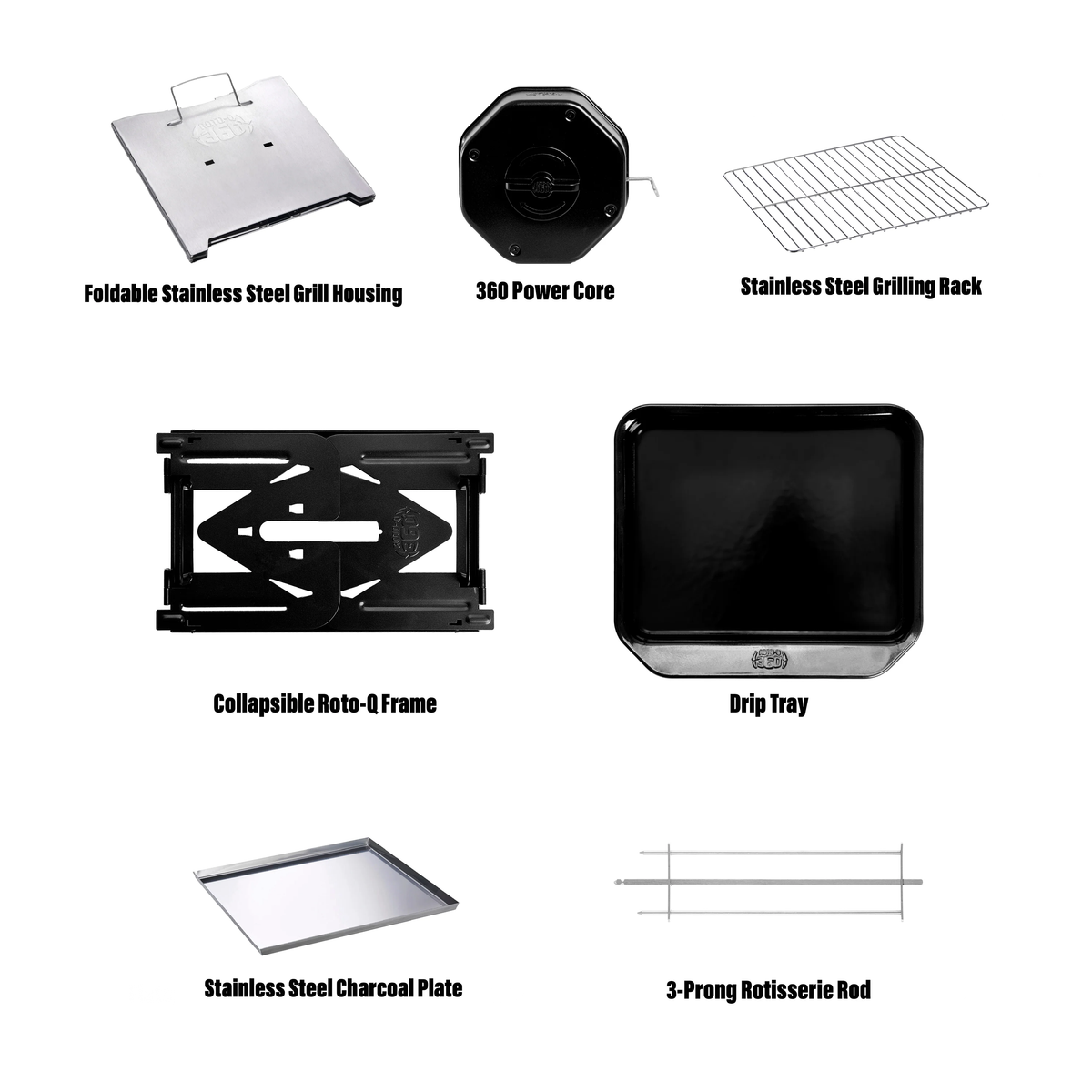 Labeled components of the ROTO-Q 360™ Basic Set + Foldable Grill bundle