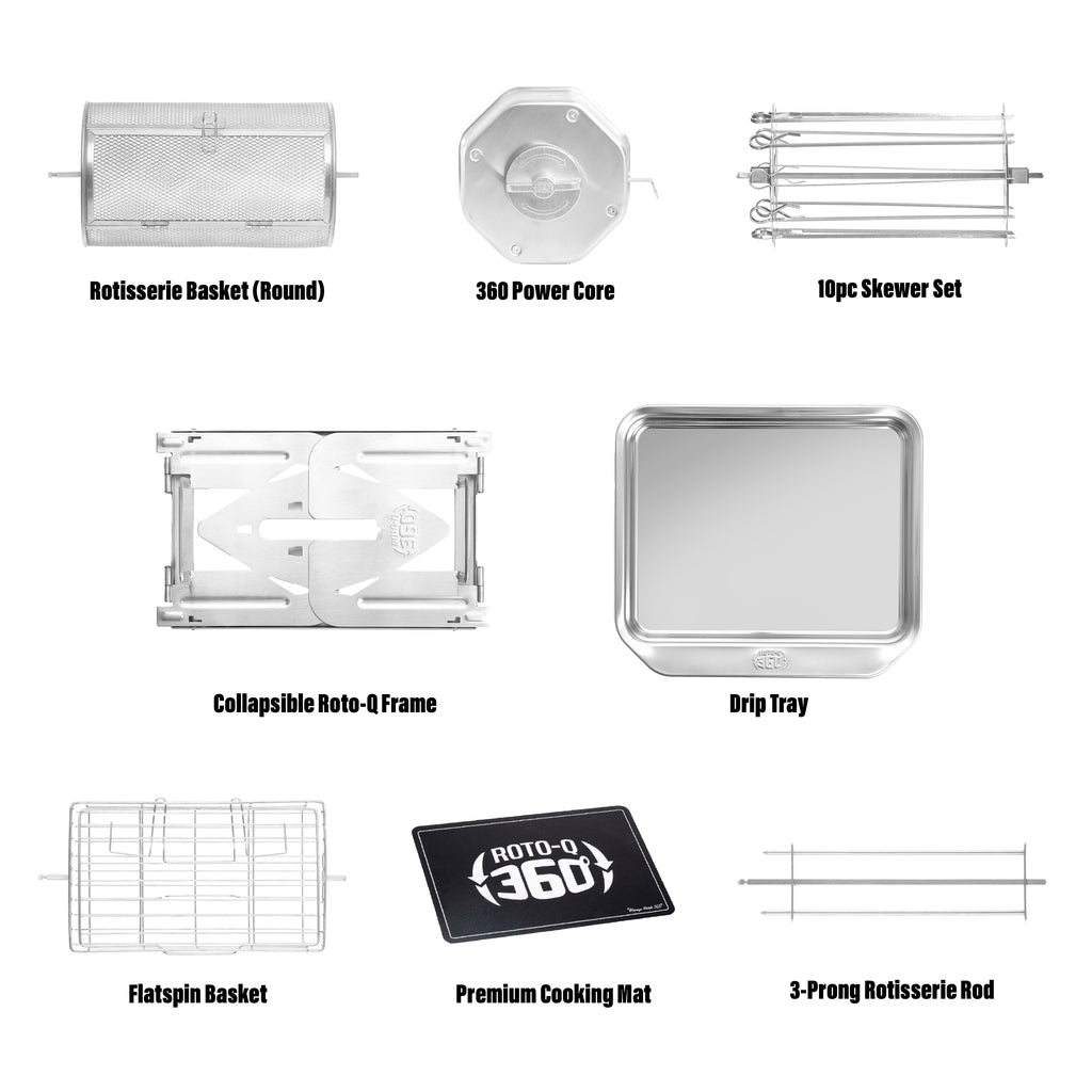 Labeled components and accessories of the ROTO-Q 360 Family-Q Bundle laid out on a white background.