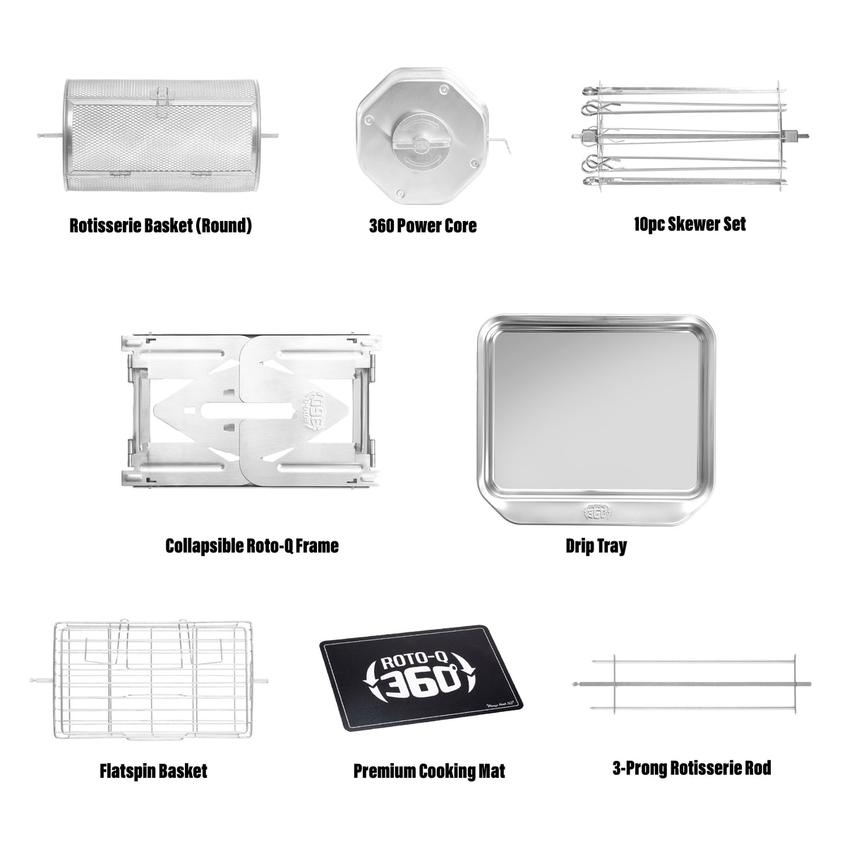 Labeled components and accessories of the ROTO-Q 360 Family-Q Bundle laid out on a white background.