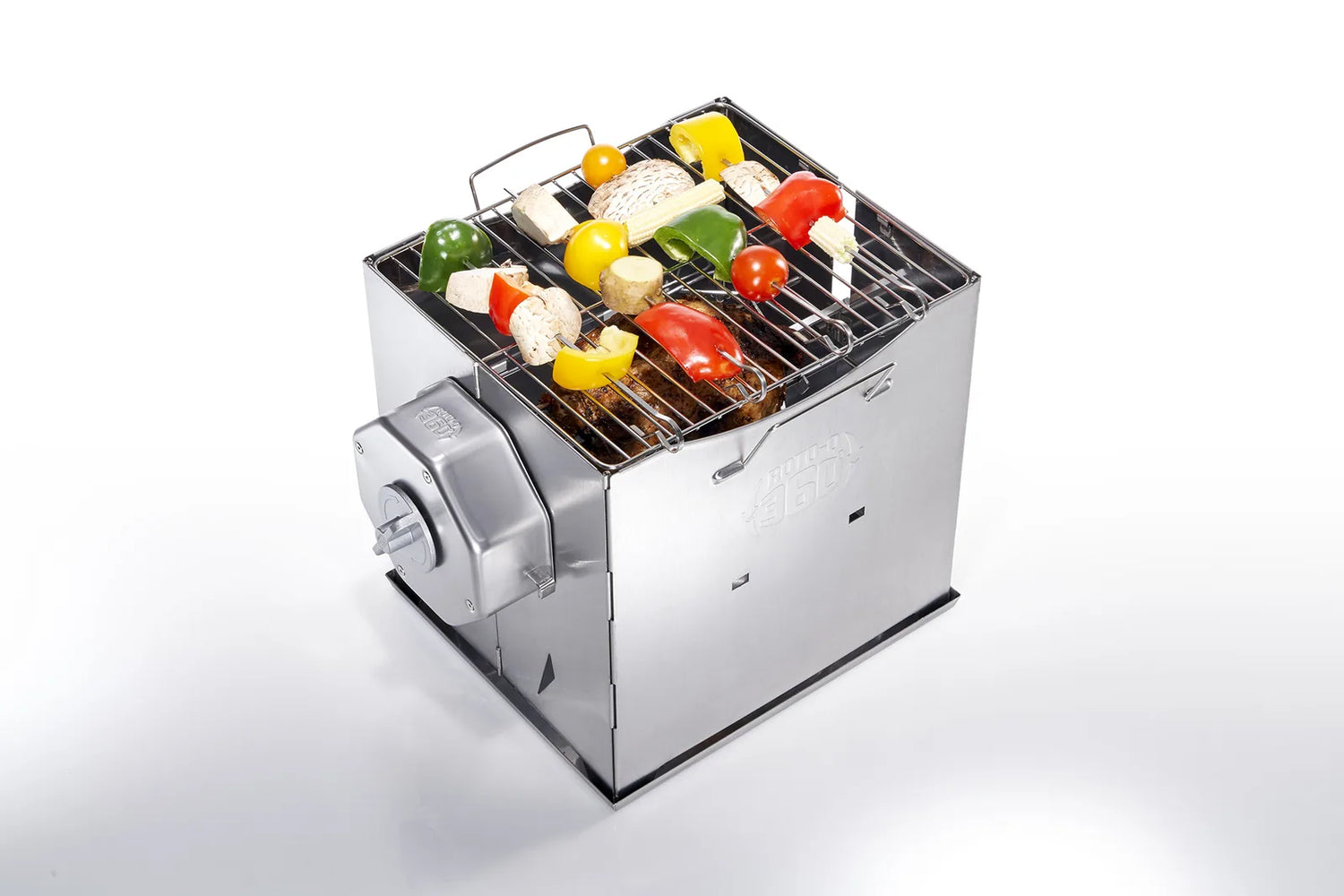 Roto-Q 360 foldable grill with skewered vegetables