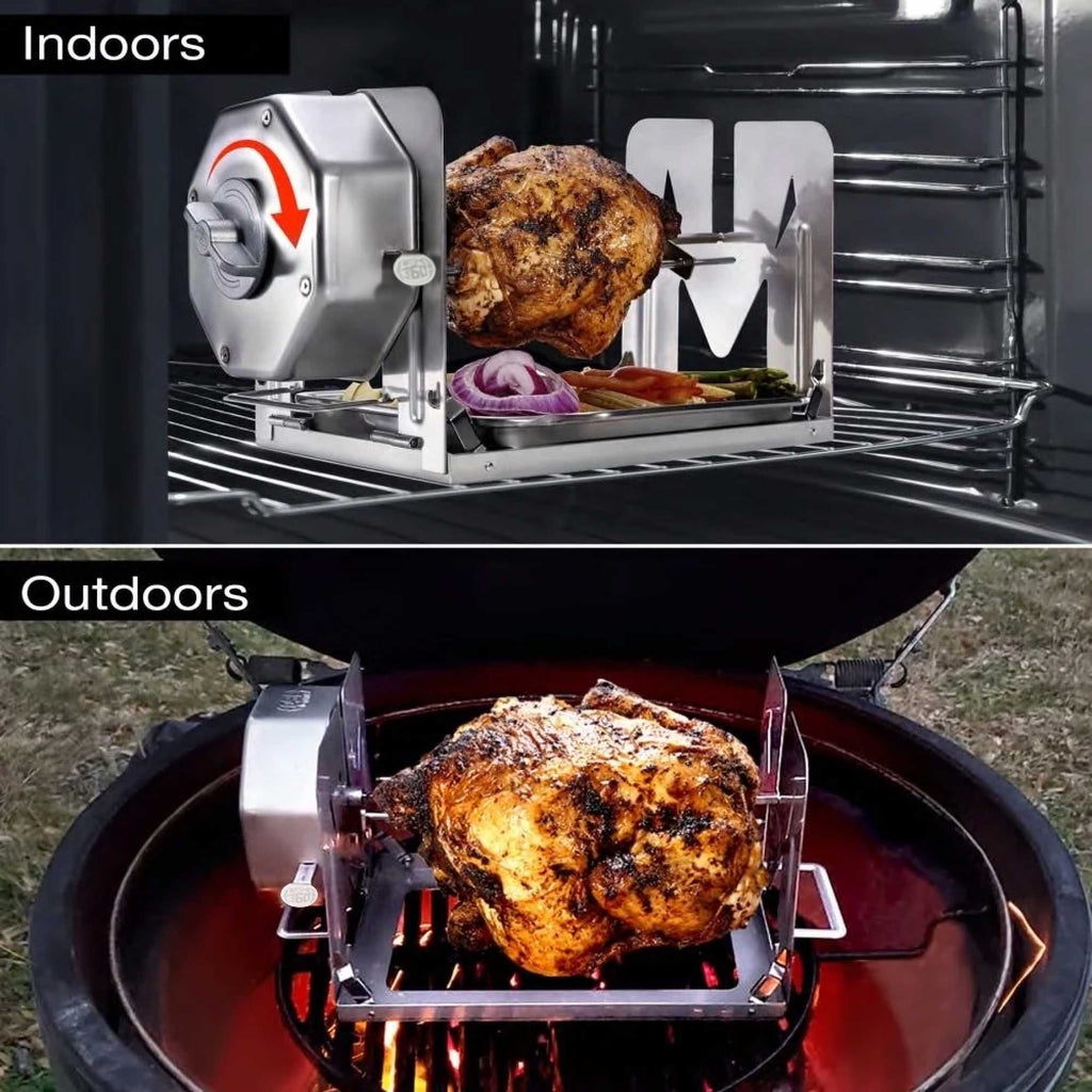 ROTO-Q 360 rotisserie cooking chicken indoors in an oven and outdoors on a grill