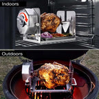 ROTO-Q 360 rotisserie cooking chicken indoors in an oven and outdoors on a grill