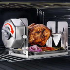 Whole chicken cooking on a ROTO-Q 360 rotisserie inside an oven