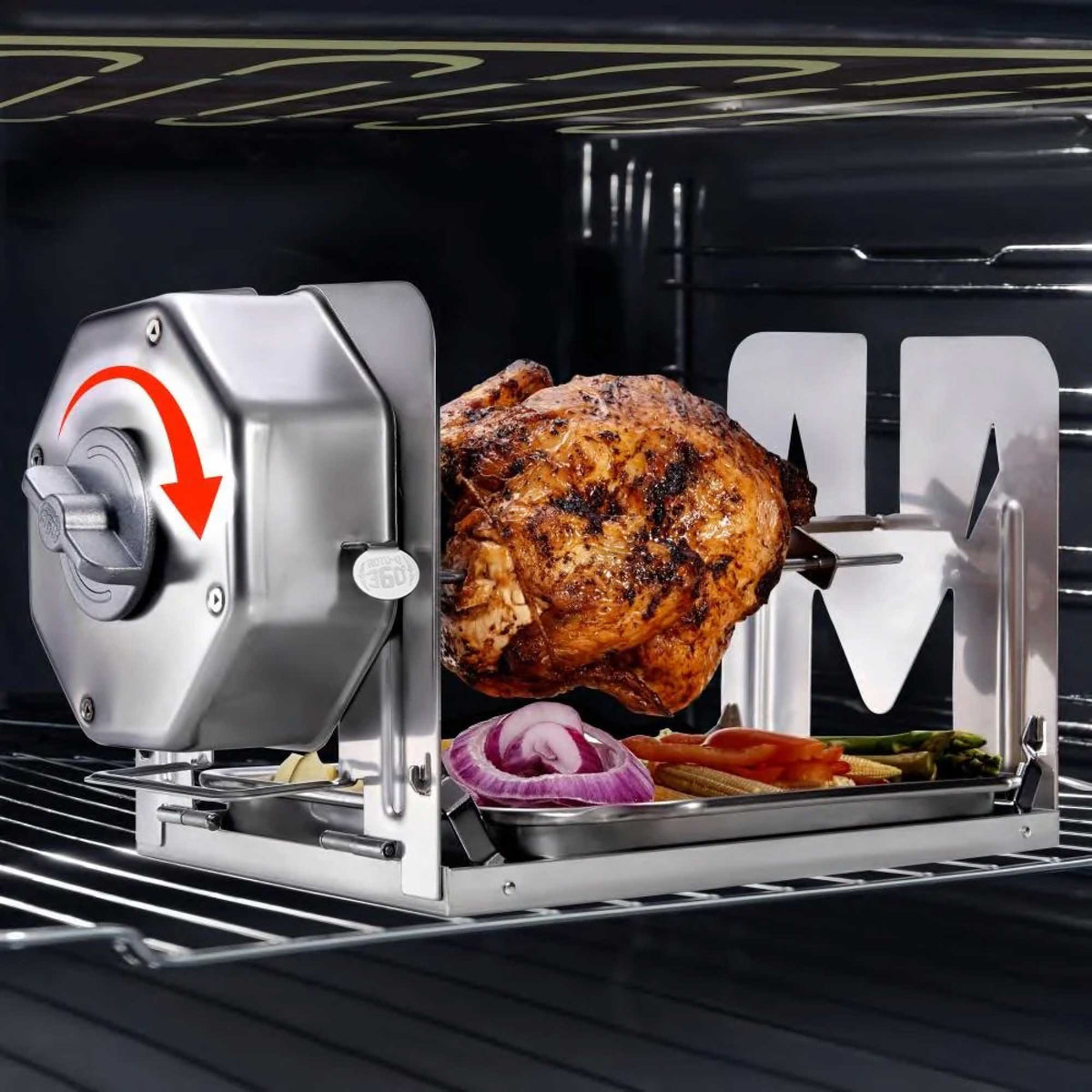 Whole chicken cooking on a ROTO-Q 360 rotisserie inside an oven