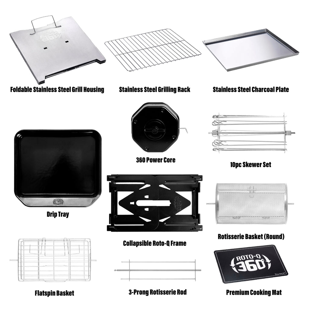 Labeled black and stainless steel components and accessories of the ROTO-Q 360 PitMaster