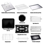 Labeled black and stainless steel components and accessories of the ROTO-Q 360 PitMaster