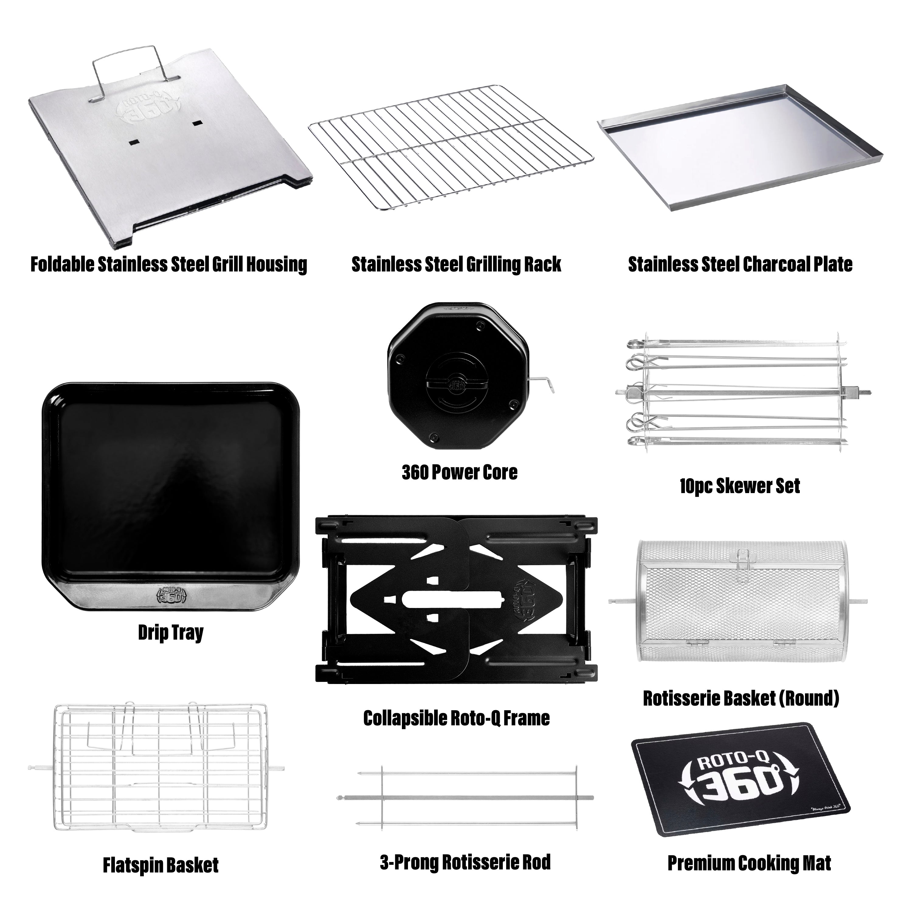 Labeled black and stainless steel components and accessories of the ROTO-Q 360 PitMaster