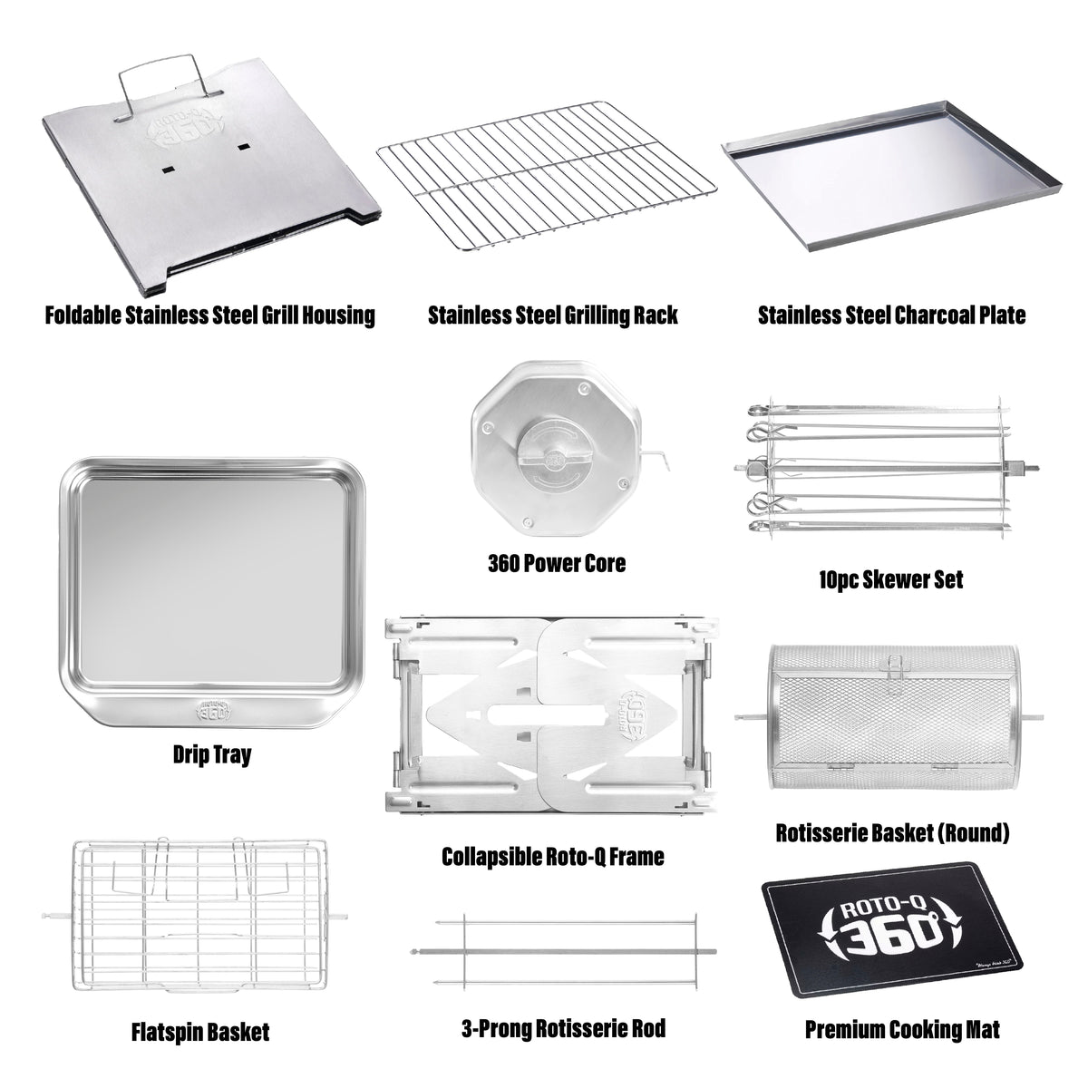 Labeled components and accessories of the ROTO-Q 360 PitMaster