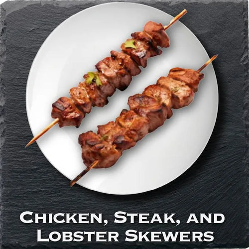 Chicken, steak and lobster skewers