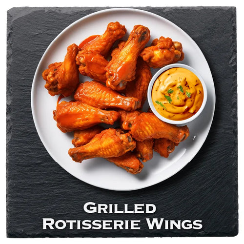 Grilled rotisserie chicken wings with dipping sauce
