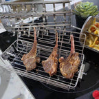 Three cooked lamb chops inside an open ROTO-Q 360 Rotisserie Cage (Flat).