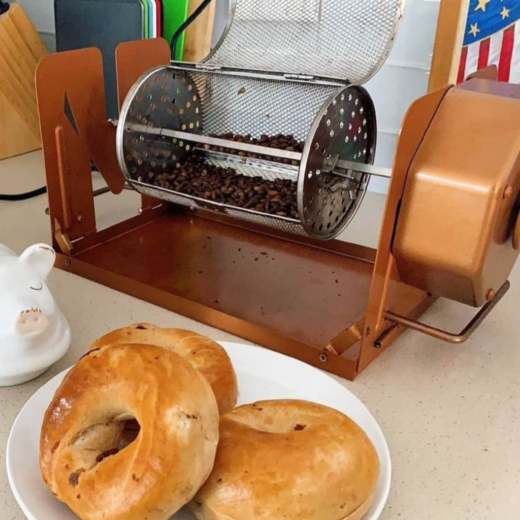Coffee beans roasting in a ROTO-Q 360 rotisserie basket 