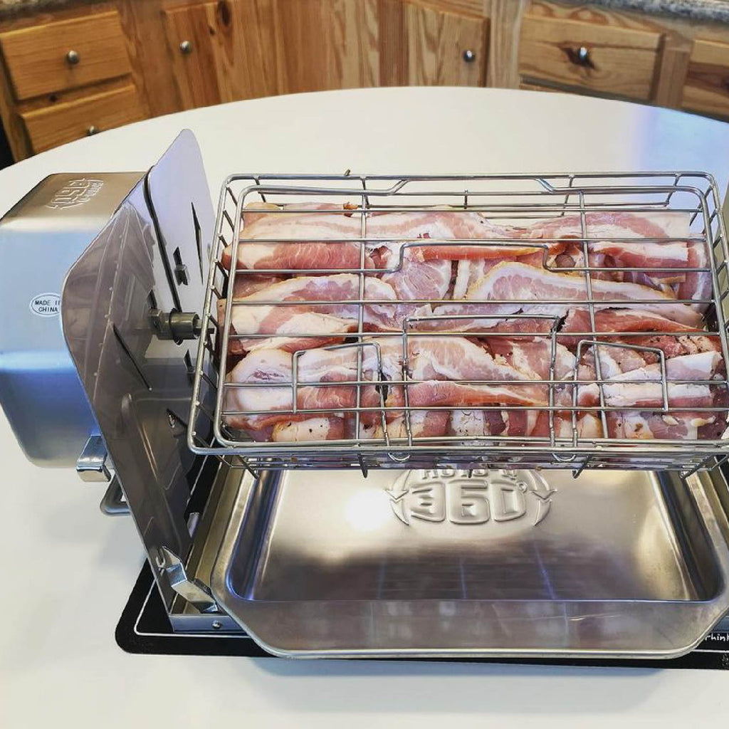 Raw bacon strips arranged inside a ROTO-Q 360 Rotisserie Cage (Flat) attachment.