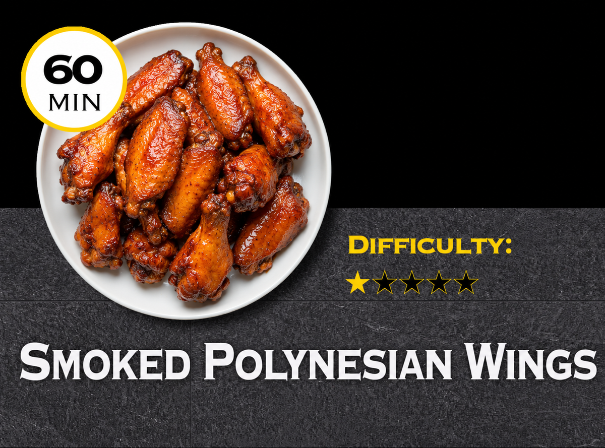 Plate of smoked Polynesian wings with cooking time and difficulty rating on a black background